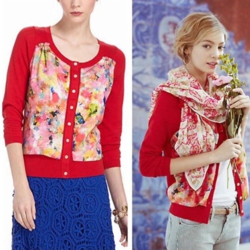 Anthropologie HWR Monogram Red Watercolor Panel Button Front Cardigan